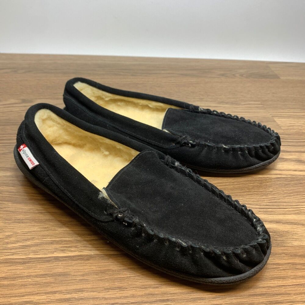 Alpine Swiss Mens Moccasin Slippers Genuine Suede House‎ Shoe Sheepskin Size 10